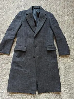 Vintage TWEED Herringbone OVERCOAT Trench Coat 38L Gray DONEGAL Wool HSM • $159.95