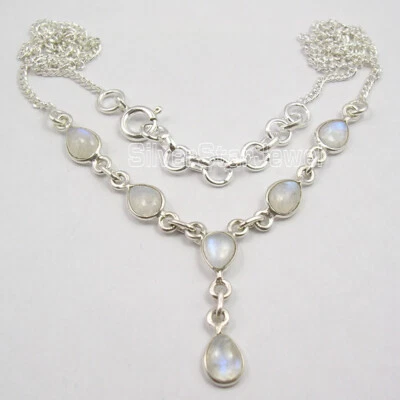 925 Sterling Silver DROP RAINBOW MOONSTONE Beautiful Necklace INDIAN JEWELLERS • £15.59