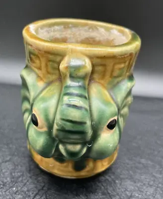 4  Majolica Trunk Up Elephant Planter Small Pot Green Beige Glaze Vintage Style • $10