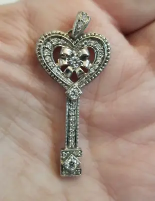 Vintage Sterling Silver Fancy Key Pendant With CZ's / Milgrain 4.0 Grams 1-3/4  • $14