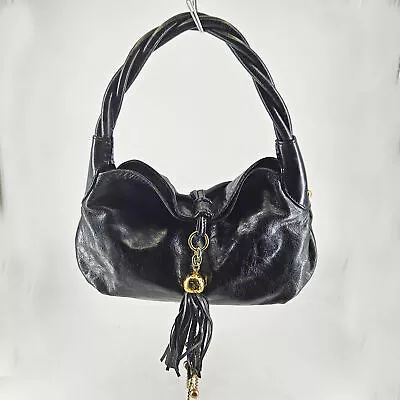 Via Spiga Small Black Leather Braided Handle Tassle Detail Hobo Shoulder Bag • $44