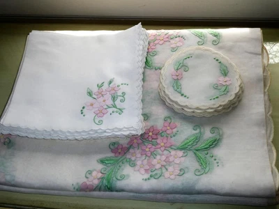 $99 • Buy 36 Pc MADERIA HAND EMBROIDERY APPLIQUED 198  ORGANDY TABLECLOTH  NAPKINS ROUNDS