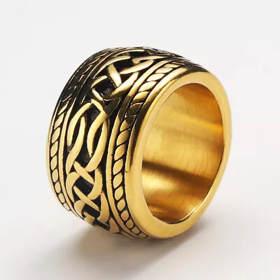 15mm Big Retro Pattern Wedding Ring Stainless Steel Vintage Biker Punk Men Ring • $12.88