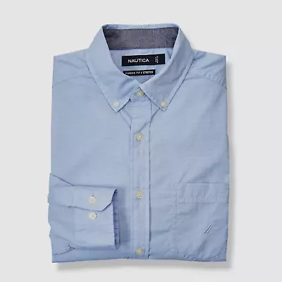 $80 Nautica Men Classic-Fit Blue Stretch Long-Sleeve Logo Pocket Button Shirt L • $25.98