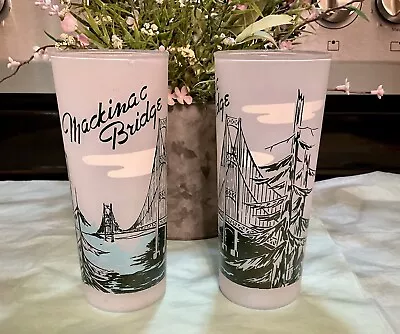 Vtg Mackinac Bridge Frosted Hazel Atlas Drinking Glass Tumbler Michigan Souvenir • $13.79