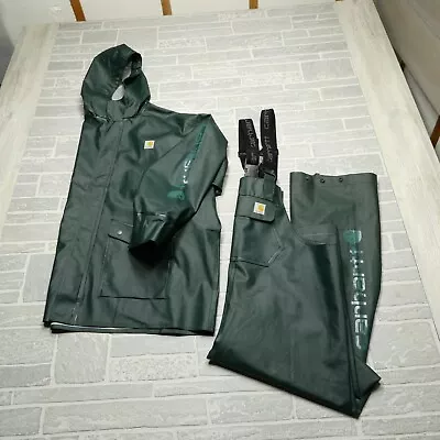 Carhartt Rain Suit Adult 2XL Green Rubberized Waterproof Bibs Jacket Raincoat • $147.44