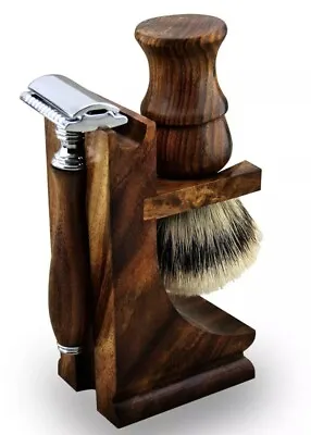 3PC Wooden Shaving Set For Men's. Synthetic Hair Brush DE Safety Razor Gift Man • $44.85