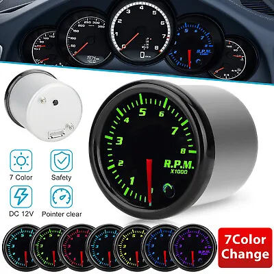 2  52mm 7 Color LED Car Pointer Tachometer Gauge Meter For 0~8000 RPM Smoke Face • $24.98