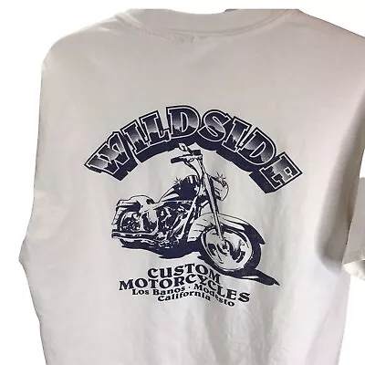 Vintage Tee Wildside Custom Motorcycles Los Banos Thrashed Grunge Biker T-shirt • $29.97