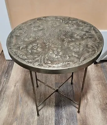 Vintage Brass Top Folding Tray End Table Plant Stand 18  Round X 19  Tall • $111.75