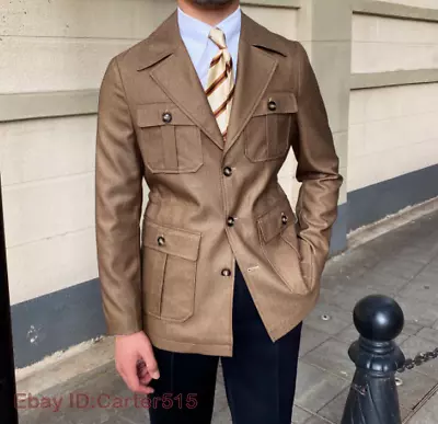 Men Retro Safari Jacket Pockets Hunting Coat Slim Fit Business Tops Suit British • $84.05