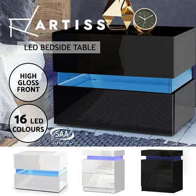 Artiss Bedside Table Side Table Drawers RGB LED High Gloss Nightstand Cabinet • $79.95