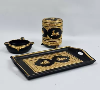 Vintage 3 Piece Smoking Set Black And Gold Lacquered Wood • $40