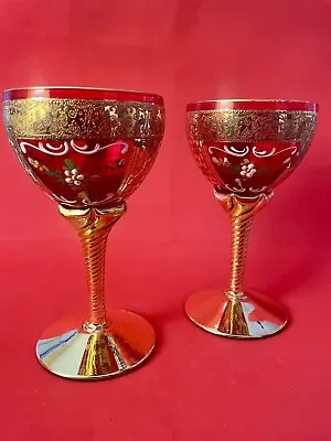 Set Of Two Murano Red Glass Wine Glasses 24k Gold Leaf YAC004 • $25