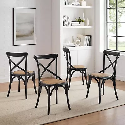 Modway Gear Rustic Modern Farmhouse Elm Wood Rattan Four Dining Chairs In Black • $441.01