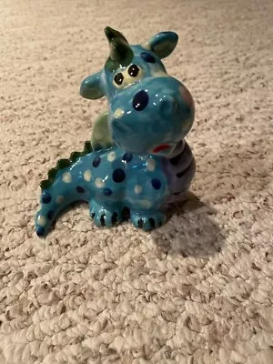 Glazed Ceramic Blue Baby Dragon Figurine Statue Green Wings Signed Ginny 6  X 5  • $8.98