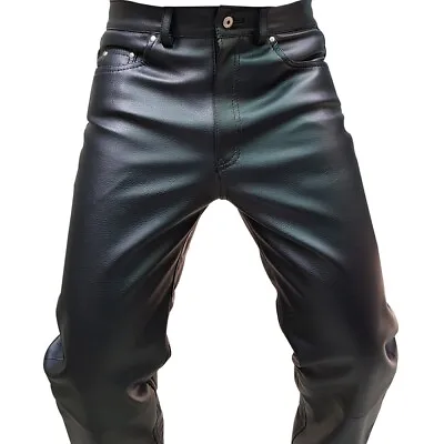 Mens 501 Style Pants Biker Jeans Real Leather Sleek & Sexy Black Stylish Trouser • £66.99