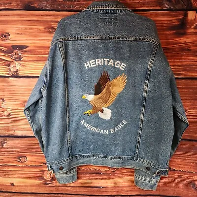 Vintage Lee Denim Jacket Sz XL Embroidered Eagle American Heritage Blue Jean • $29