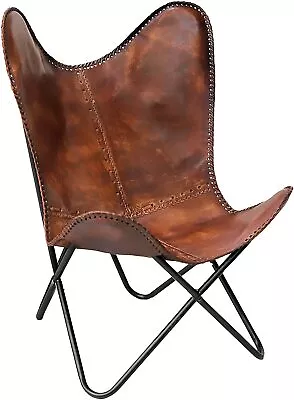 Handmade Antique Leather Butterfly Chair Iron Frame Full Folding Relax Arm Chair • £141.18