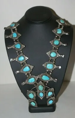 $1590 • Buy NAVAJO Morenci Blue TURQUOISE STERLING SILVER SQUASH BLOSSOM Naja NECKLACE 286g 