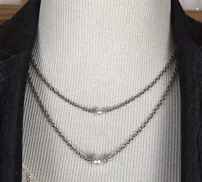 Faux Pearl Double Strand Necklace Cable Chain 16” Flower Box Closure Vintage • $8.99