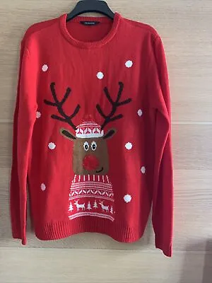 Mens Christmas Jumper Size L Red Rudolph Festive 🎄1 • £8.49