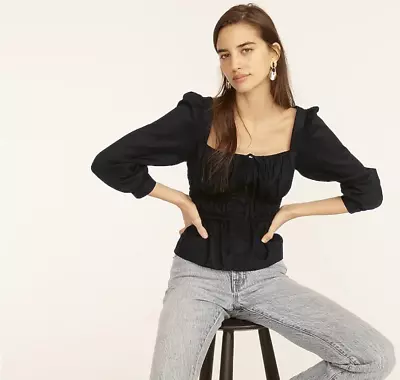 NWT 2023 Jcrew J. Crew Cinched-waist Top In Herringbone Cotton Black 0 XS • $32