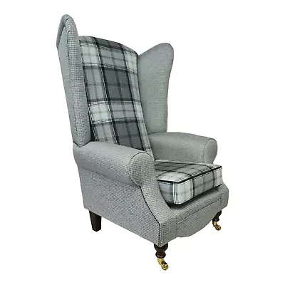 Wing Back Extra Tall High Back Chair Grey & Black Tartan Fabric • £619