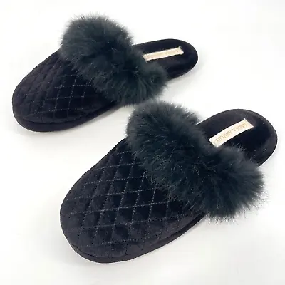 LAURA ASHLEY Women Sz 5-6 QUILTED VELVET Genuine RABBIT FUR Black SCUFF SLIPPERS • $12.99