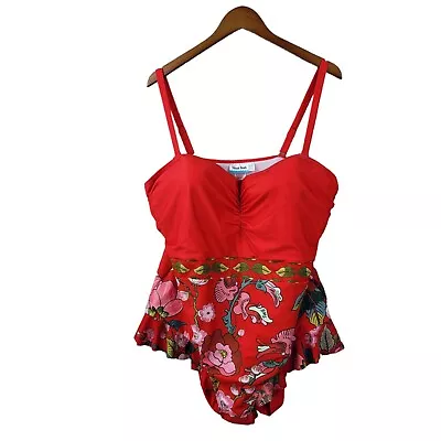 New Modcloth One Piece Swimsuit Plus Size 4X Floral Red Ruffle Halter Adjustable • $26.39