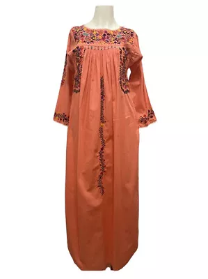 Embroidered Maxi Dress 70s Oaxacan Melon Flowers Mexico S/M Boho Floral Vtg • $214.98