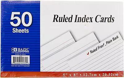 BAZIC Ruled Index Cards 5  X 8  50 Count White Color 1-Pack  • $15.05
