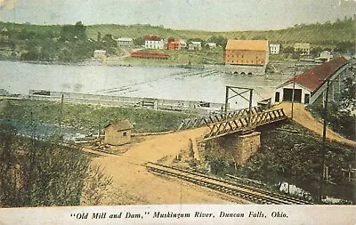 Postcard OH Duncan Falls Train Track Covered Bridge Mill Dam Muskingum River • $5.99