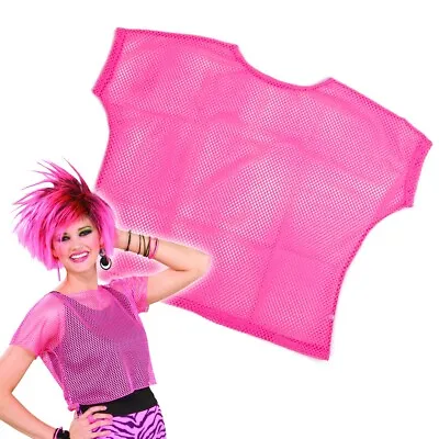 NEON PINK MESH TOP Medium Fishnet Crop 80's Party Theme Club See Through Sheer • £7