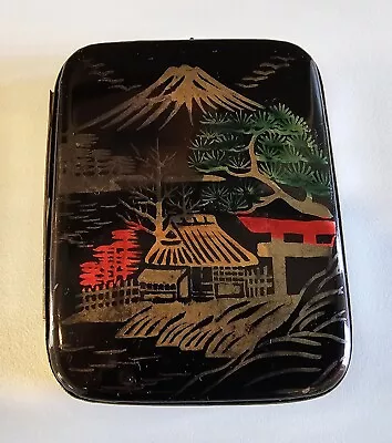Vintage Japanese Hand Painted Black Lacquer Cigarette Case Holder • $25