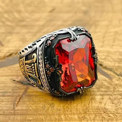 Mens Sterling Silver Ring Red Ruby Zircon Stone Ring 925K Mens Jewelry • $48