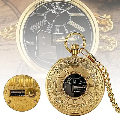 Uncommon Music Box Pocket Watch Gold Color Case Antique Style Quartz Chain Watch • £20.11