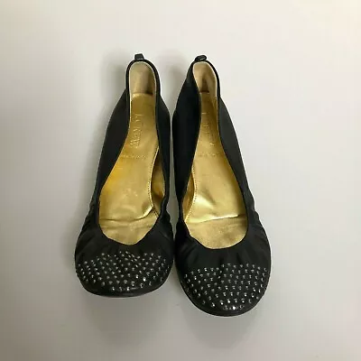 J Crew Womens Ballet Flats Shoes Black Leather Embellished Round Toe Italy Sz 6 • $10