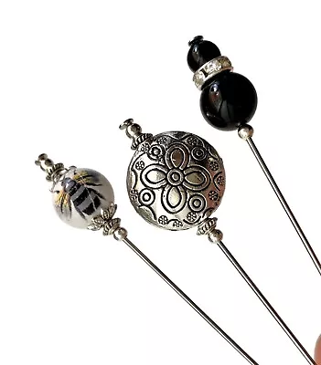 £14.99 • Buy 3x Hat Pins Ceramic Bumble Bee, Pearl, Onyx  5” Long Hat Pin, Scarf Pin,