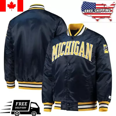 Michigan Wolverines O-Line Navy Blue Real Satin Varsity Bomber Vintage Jacket • $98.99