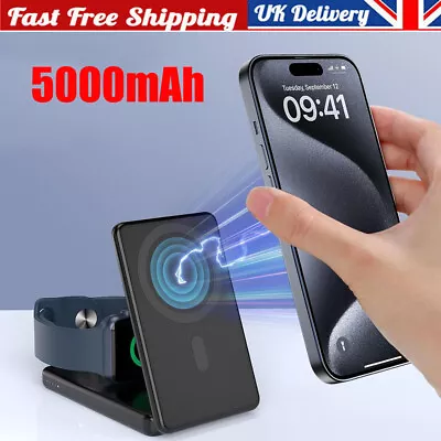 Power 5000mAh Bank 3 In 1 Wireless Charging Station Foldable Portable Charger UK • £23.96