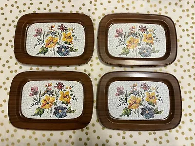 Vintage Metal TV Snack Tray Set Of 4 Floral Mosaic Flowers Handheld Trays 7x5” • $17.99