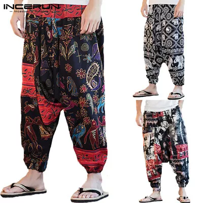 Men's Ethnic Floral Trousers Cotton Linen Hippie Beach Yoga Pants Joggers Pants • $14.09