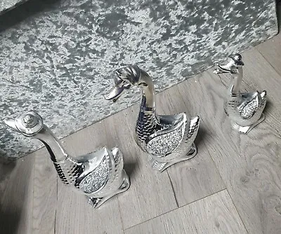£14.99 • Buy Set Of 3 Duck Crushed Diamond Silver Crystal Stunning  Ornaments Bling