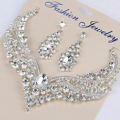 £7.09 • Buy Women Bridal Wedding Cut Crystal Cubic Necklace Earrings Jewelry Set Prom Party