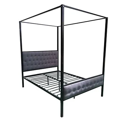 Black Metal 4 Poster Bed Frame Cushioned Headboard 4FT6 Double Size ‖ LTAD • £188.99