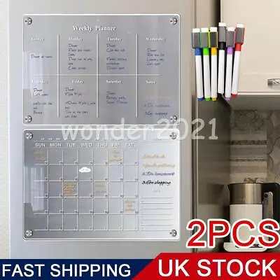 2x Acrylic Magnetic Calendar For Fridge Clear Dry Erase Calendar +12 Marker Pens • £16.99