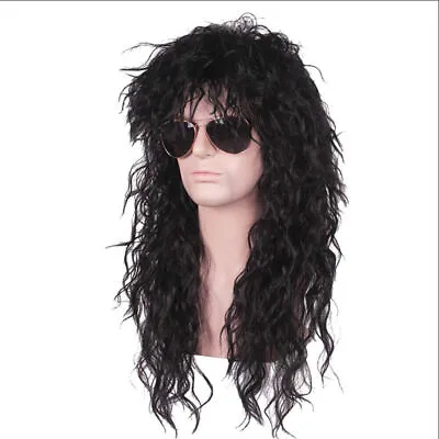 Women Men Unisex Long Curly Black Mix Classic Wig 70s 80s Rocker.Party Hair Wigs • £14.66