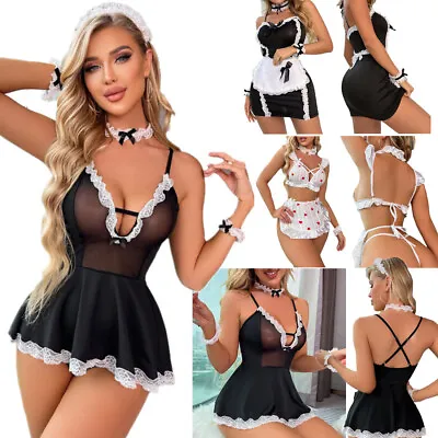 Womens French Maid Costume Cosplay Outfit Nightwear Lace Trim Apron Dress Set • $6.57