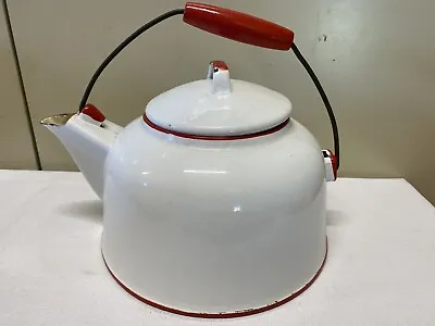 Vtg White W Red Wooden Handle & Accents Enamelware Kettle Teapot 9” • £38.61